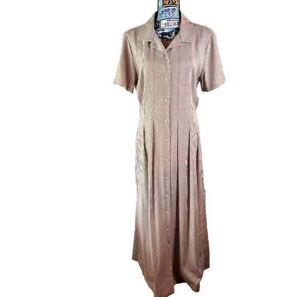 Vintage Sarah Chapman Maxi Dress Beige Short Sleeve Button Up Sz 14 Cottage Core - Picture 1 of 7